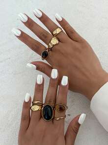 8-Piece Set Of Vintage Geometric Jade-Inlaid Rings, Featuring Chunky Metal Gold Rings For Women, Suitable For Everyday Wear And Party Occasions.  A Complete Jewelry Set. - Yellow Gold - View 2