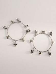 2pcs European And American Fashion Items, Hanging CCB Beads & Metal Bell Bracelet, Suitable For Daily Wear - Antique Silver - View 2