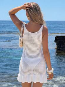 Conjunto de top corto y mini vestido de punto blanco con volantes, escote calado y transparente, para vacaciones en la playa, estilo casual y sexy para mujer - Blanco - Ver 3