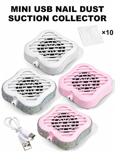 USB Nail Dust Collector, Basic/Glitter Rhinestone Version With 10 Filters For Salon Home DIY Manicure,Pink/White