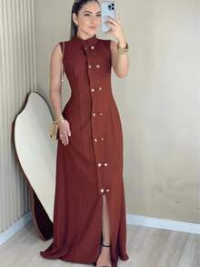 Women's Long Dress With A Simple High Neck And Front Buttons. Autumn/Winter. - Rust Brown - View 2