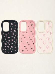 Black White Pink Bowknot Fashion Phone Cases 3pcs Dopamine Themed Wavy Edge Bowknot Pattern Phone Cases Compatible With IPhone & Galaxy Phones Spring Gift - Multicolor - View 64