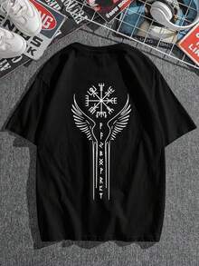 AnChiStreetwear - 大码男士时尚简约护身符翅膀图案印花休闲短袖T恤，适合街头穿搭、户外活动和日常通勤。 - 黑色 - 查看 2