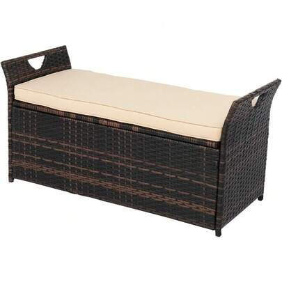 40 Gallon Outdoor Rattan Deck Box W/Cushion, Patio Wicker Storage Box, Garden Deck Storage Bin For Garden, Balcony, Porch, Pool, Yard, Brown