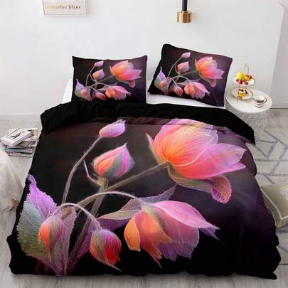 2/3pcs 3D Print Translucent Gradient Floral Duvet Cover Set Black Base Orange Pink Purple Green Ombre Flower Leaf Vein Pattern Polyester Bedding Set Modern Art Luxe Calm Comforter Cover Set (Size 135x200 Only 1 Pillowcase)