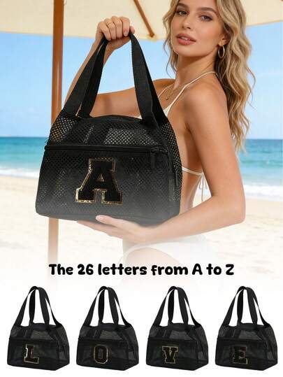 1个网眼手提袋，化妆包，印有A到Z的26个字母，休闲手提包，收纳袋，美妆包，旅行包，沙滩包。适合野餐，可折叠，必备包，多功能单肩购物袋，网眼镂空袋，网袋，浴室收纳袋，多功能洗漱包，浴室包和单肩手提袋，轻便，大容量，便携式网眼沙滩包，适合家庭旅行、度假、海滩、露营和徒步旅行，夏季度假包，化妆包。