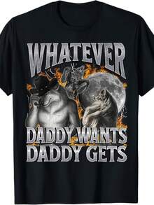 Humorous T-Shirt, Modern Short-Sleeved Shirt - "What Dad Wants, Dad Gets" Funny Werewolf Meme, Hilarious, Quirky, Gift For A Boyfriend, Plus Size, Breathable, Casual Fashion, Quick-Drying T-Shirt, Soft-Touch Print, Men's Crew Neck Shirt, Big Skirt - 黑色 - 查看 6