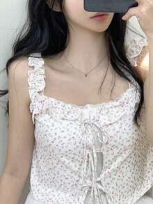 2025 Spring/Summer Designed Lace-Up Floral Print Women Short Sleeveless Tank Top Casual White - White - View 1