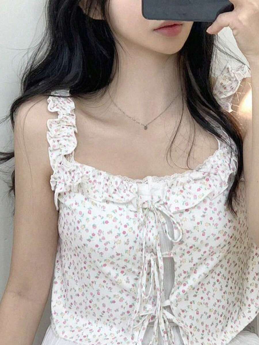 2025 Spring/Summer Designed Lace-Up Floral Print Women Short Sleeveless Tank Top Casual White - White - View 1