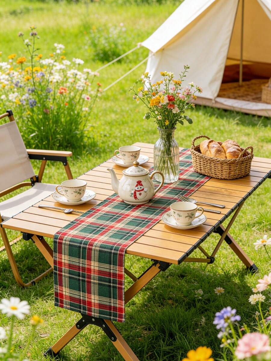 1pc Vintage Green Plaid Camping Table Runner, Rectangular Table Topper, Outdoor Folding Table Decor Cloth, Washable, Suitable For Coffee Table, Sideboard, Cabinet, Tabletop Decor, Daily Home Decor, Countryside Dinner, Picnic, Party, Camping, All Seasons, Spring/Summer - Green Grid - View 1