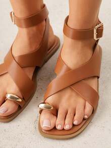 Women's Strappy Flat Sandals - Summer Casual Beach Travel - Camel - View 4
