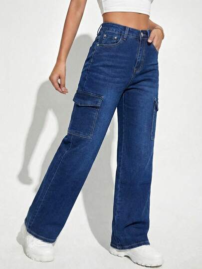 Pantalones Tipo Cargo De Tiro Alto y Pierna Ancha Con Bolsillos Laterales Para Mujer, Jeans Holgados De Ajuste Relajado Con Cintura Alta Y Corte Recto Holgado Para Un Estilo Casual Y Moderno