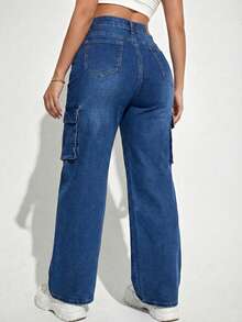 Wide-Leg Denim Pants With A Flattering High Waist And Functional Cargo-Style Side Pockets - Medium Blue H2KB14 - View 3