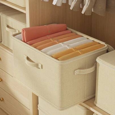 1 Foldable Storage Box With Zipper And Handle, Apricot Yellow, Polyester Linen Material, Square, With Lid, Sturdy And Durable, Multi-Purpose, Can Be Used For Storing Clothes, Toys, And Other Items, Also Suitable For Interior Decoration, Bedroom Decor, Decorative Strips, Storage, Jeans, Etc.