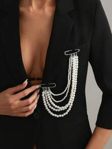 1pc Vintage Elegant U-Shaped Multi-Layer Faux Pearl Beaded Charm Jewelry Brooch Pin Clothing Chain, Luxurious Design, Suitable For Wedding, Banquet, Vacation, Party, Daily Casual, Street Photography, Women, Couples, Holiday, Fashion Versatile Brooch Gift - Brooch - View 3
