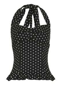 Áo nữ chấm bi cổ buộc dây viền bèo nhún, kiểu dáng thường ngày, màu đen. - màu đen - Xem 4