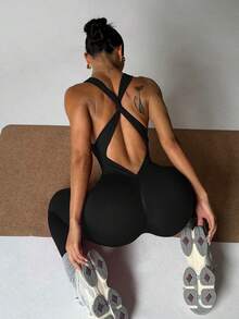 1pc Women's Solid Color Cross-Cut Fitted Jumpsuit Sports - Black - View 6