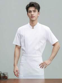 新款時尚主廚制服 中性短袖高階飯店主廚襯衫，適用西餐廳、烘焙店、咖啡廳工作 - 白色 - 查看 1