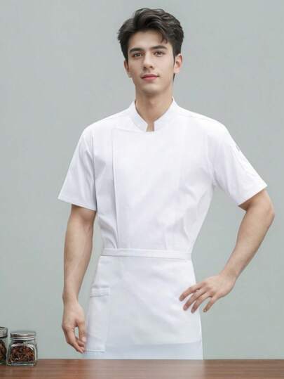 Đồng phục đầu bếp thời trang mới, tay ngắn, unisex, cao cấp dành cho khách sạn/nhà hàng/tiệm bánh/quán cà phê, thiết kế sành điệu và cá tính với cổ tay áo hình móng ngựa, nẹp áo chéo, chất liệu thoải mái và thoáng khí, bền và dễ giặt.