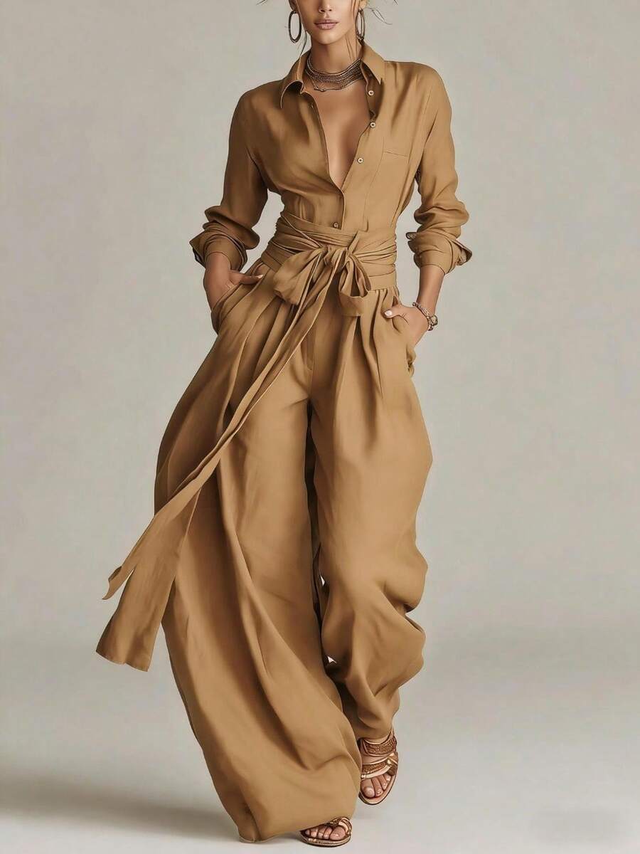 2026 Spring New Women's Fashion Elegant Solid Color Collar Top And Casual High-Waist Long Pants Two-Piece Set - 卡其色 - 查看 1