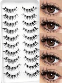 Asiteo 10 Pairs Cartoon Cat Eye Style False Eyelashes, Transparent Band Natural Style Extended Full Strip Faux Mink Eyelashes - 黑色 - 查看 1
