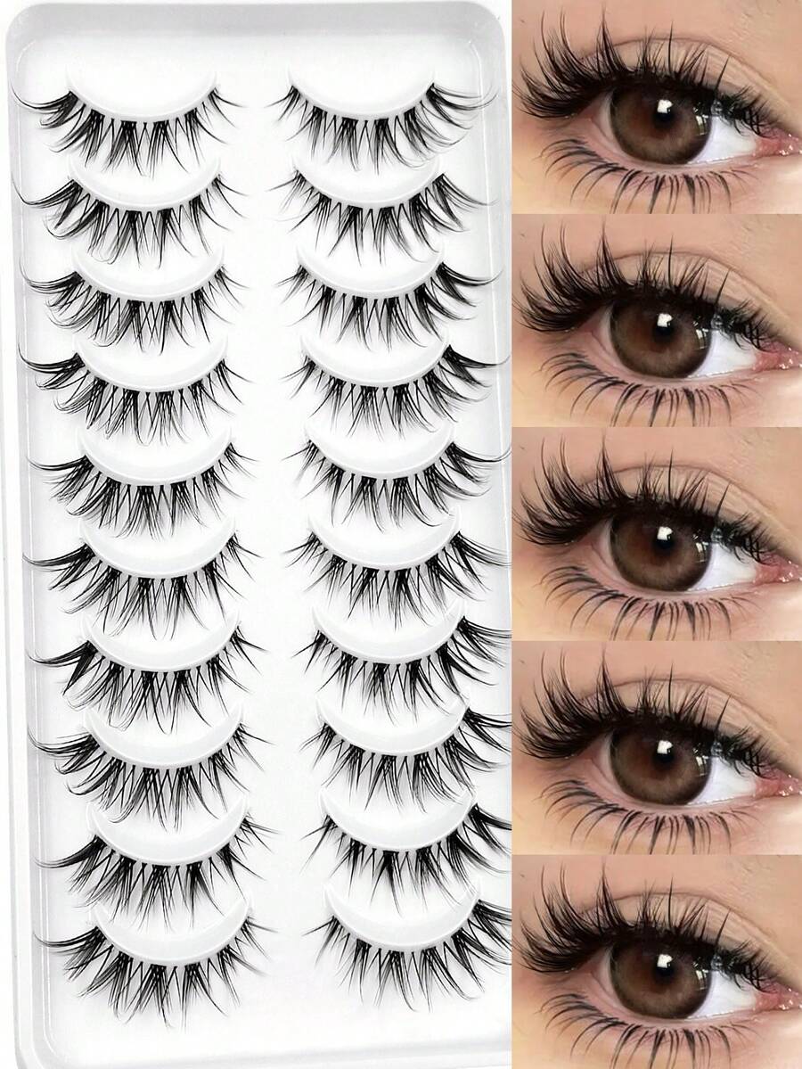 Asiteo 10 Pairs Cartoon Cat Eye Style False Eyelashes, Transparent Band Natural Style Extended Full Strip Faux Mink Eyelashes - 黑色 - 查看 1