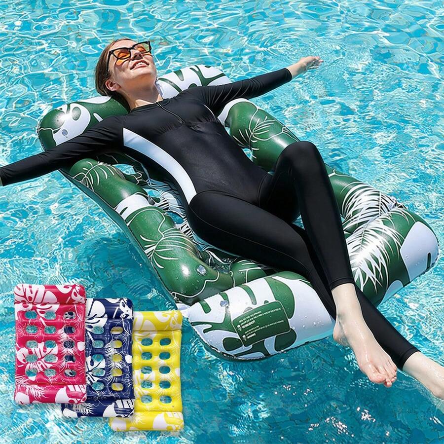 1 pieza Cama flotante con forma de caparazón de tortuga inflable, material de PVC, flotador inflable portátil para adultos adecuado para playa, piscina, fiesta y recreación acuática - Sillón reclinable flotante con agujero de hoja de monstera corta - Ver 1