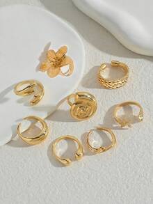 8pcs/Set Vintage Smooth Plain Rings, Bohemian Starfish Personalized Rings, Fashion Rings - 金牌-2 - 查看 2
