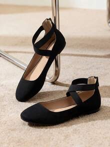 Women Flats Elastic Cross Ankle Strap Ballet Flats Back Zipper Comfortable Dress Commuting Elegant Flats Shoes - 黑色 - 查看 2