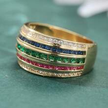 Shiny Multicolor Cubic Zirconia Wide Ring, Suitable For Women And Girls, Vintage Fashion Elegant Exquisite Elegant Anniversary Jewelry - Gold - View 5