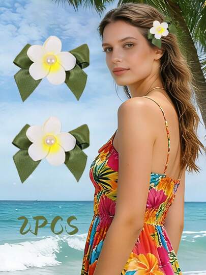 2pcs Hawaiian Plumeria Pearl Bow Hair Clips, Vacation Hawaiian Style Floral Hairpins,Exquisite Fashion Barrettes,Flower Bowknot Hair Accessories,Women Hair Accessories For Beach Vacations,Beach Activities,Summer Pool Party,Photography