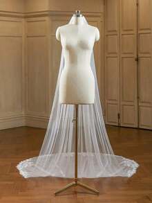 1pc Long White Single Layer Lace Cathedral Bridal Veil With Metal Comb - trắng - Xem 3