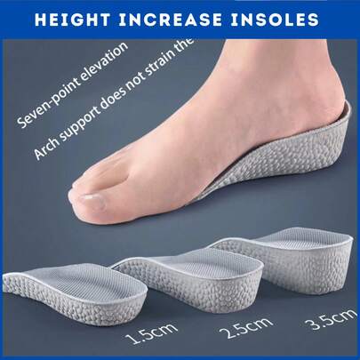 3.5cm/2.5cm/1.5cm Curved Height Increase Insoles, Lightweight Soft Elastic Heightening Pads, Unisex Shoe Inserts