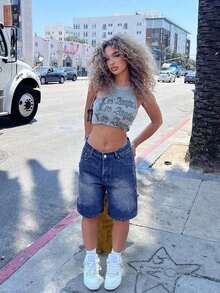 Women's Fashionable Casual Straight Loose Fit Athletic College Vintage Distressed Versatile Denim Capri Pants Summer - 深藍1 - 查看 8