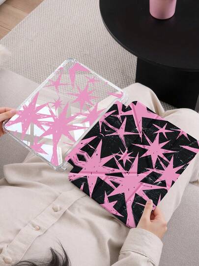 1个极简涂鸦粉色星形图案平板电脑保护套，Y型折叠支架，多角度旋转支撑，兼容iPad 2025/第十代/10.2英寸、iPad Pro 11 2021/2020/iPad mini 6、7英寸，兼容三星Galaxy Tab A8 10.5英寸，内置笔槽，防摔，平板电脑支架保护壳，支持自动休眠/唤醒功能，是馈赠亲友的理想之选。