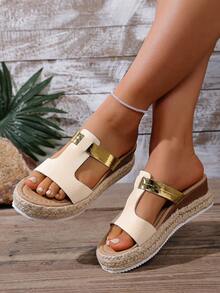 1 Pair Women's Fashion Thick-Sole Sandals With Buckle Design, Woven Thick Sole For Comfort, Suitable For Summer Daily Wear, Leisure And Commuting, Fashionable And Practical Platform Sandals - Beige - View 2