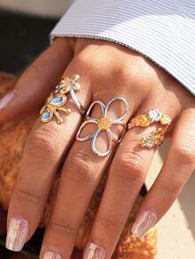 Frminee 3件套/1件夏季女士粗金不锈钢戒指首饰套装，可叠戴花朵蝴蝶戒指，防水，女士魅力首饰配饰，适合日常海滩佩戴 - 金銀混色 - 查看 6