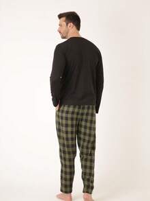 Men's Long Plaid Pajamas Cold Winter Flannel - 綠色 - 查看 8