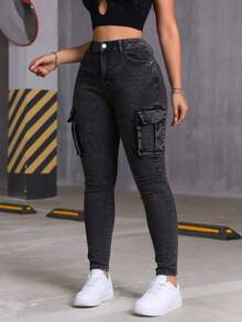 Pantalones de mezclilla skinny cargo, lavado gris oscuro, elásticos, con múltiples bolsillos, efecto levantador de glúteos, puños ajustados - Azul lavado oscuro - Ver 9