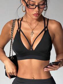 Women's Solid Color Removable Padding V-Neck Criss-Cross Back Knit Sports Bra, Black, Autumn - Black - View 3