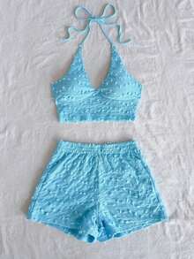 Soleia 2pcs/Set Women Vacation Outfit - Sweet And Cute Romantic Country Style Pale Yellow Textured Knit V-Neck Spaghetti Strap Top And Shorts Set, Bohemian, Boho, Romantic Floral Yellow Two Piece Set Summer Two Piece Set Butter Yellow Two Piece Set Yellow Bathing Suit Set Beach Two Piece Set - 藍色 - 查看 6