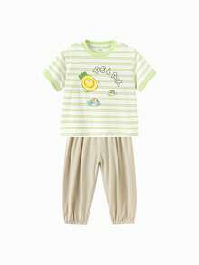 Balabala Bộ quần áo 2 món cho trẻ em, chất liệu mềm mại, thoáng khí, thời trang, thoải mái, thích hợp mặc hàng ngày vào mùa hè năm 2026. - tông màu trắng xanh - Xem 1