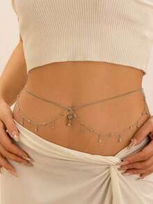 1 chiếc khuyên rốn và dây đeo eo đính đá Zirconia lấp lánh, gợi cảm, thích hợp cho đi biển, kỳ nghỉ và lễ hội. - Bạc - Xem 1