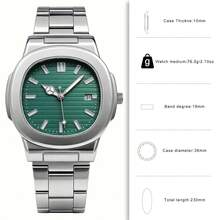 1 pieza Reloj de cuarzo con correa de acero para hombre, regalo de vacaciones, regalo, correa no ajustable - Verde - Ver 4