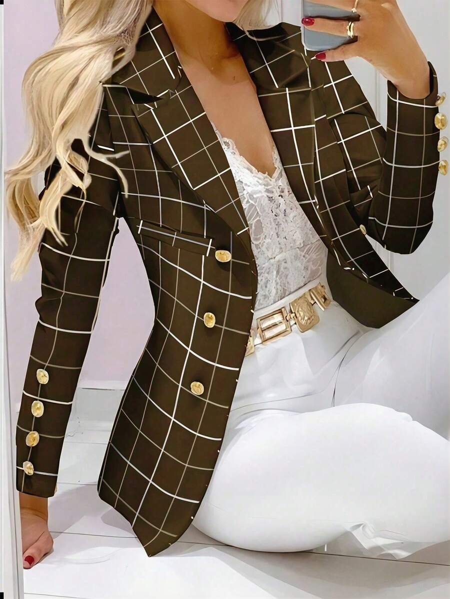 Women's Front Button Notched Collar Long Sleeve Plaid Casual Blazer Vacation Spring - Brown - View 1
