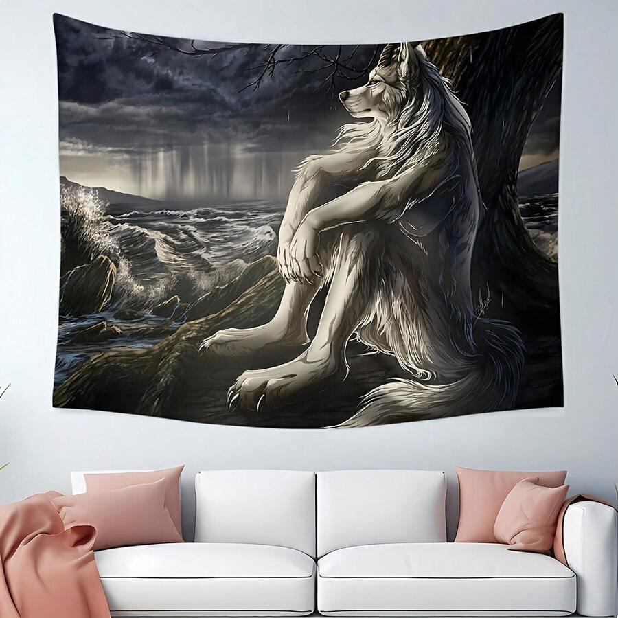 1pc Funny Alpha Sigma Beta Wolf Tapestry, Indoor Wall Tapestries Emo White Wolf Sitting Sad Tapestry Wall Mural Decoration For Home Decorative Paintings Tapestry - White - View 1