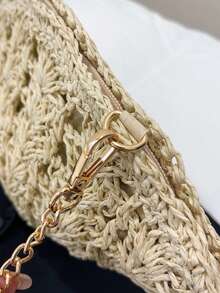 1件新款女士草编斜挎包，沙滩手提包，带链条肩带，时尚休闲度假贝壳包，拉链封口 - 米色 - 查看 9