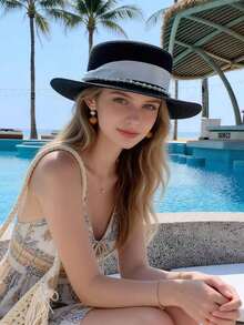 1顶女士纯色波点蝴蝶结装饰平顶草帽，新款简约法式夏季遮阳帽，百搭休闲户外防风防晒帽，适合海滩度假、郊游、徒步旅行、日常街头穿着 - A - 查看 16