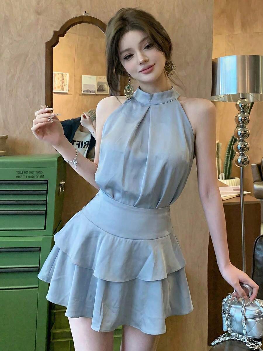 女士夏季无袖吊带背心和荷叶边蛋糕裙两件套 - 藍色兩件套裝 - 查看 1