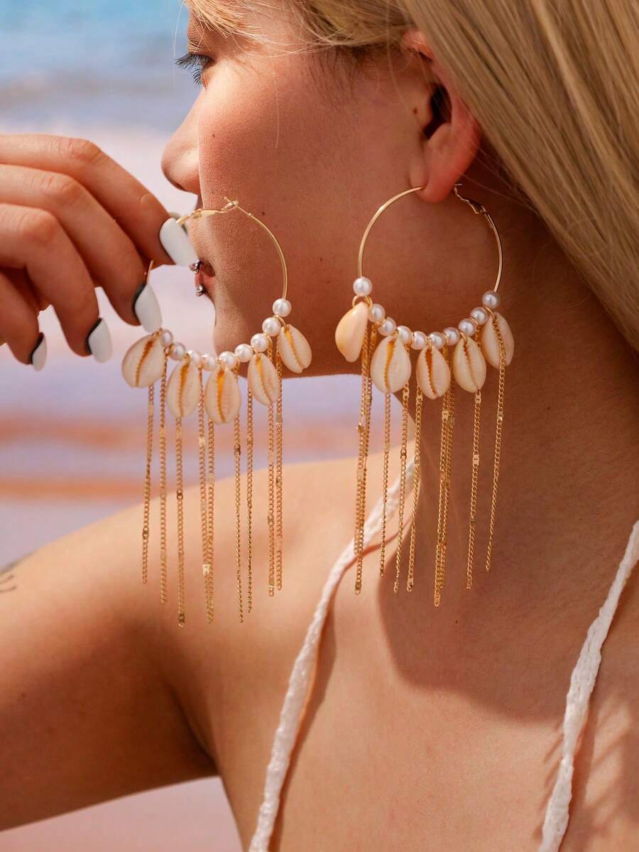 1 Pair Summer Beach Style Shell Chain Tassel Hoop Earrings, Suitable For Daily Wear, Festivals, And Seaside Leisure Activities - Yellow Gold - View 1